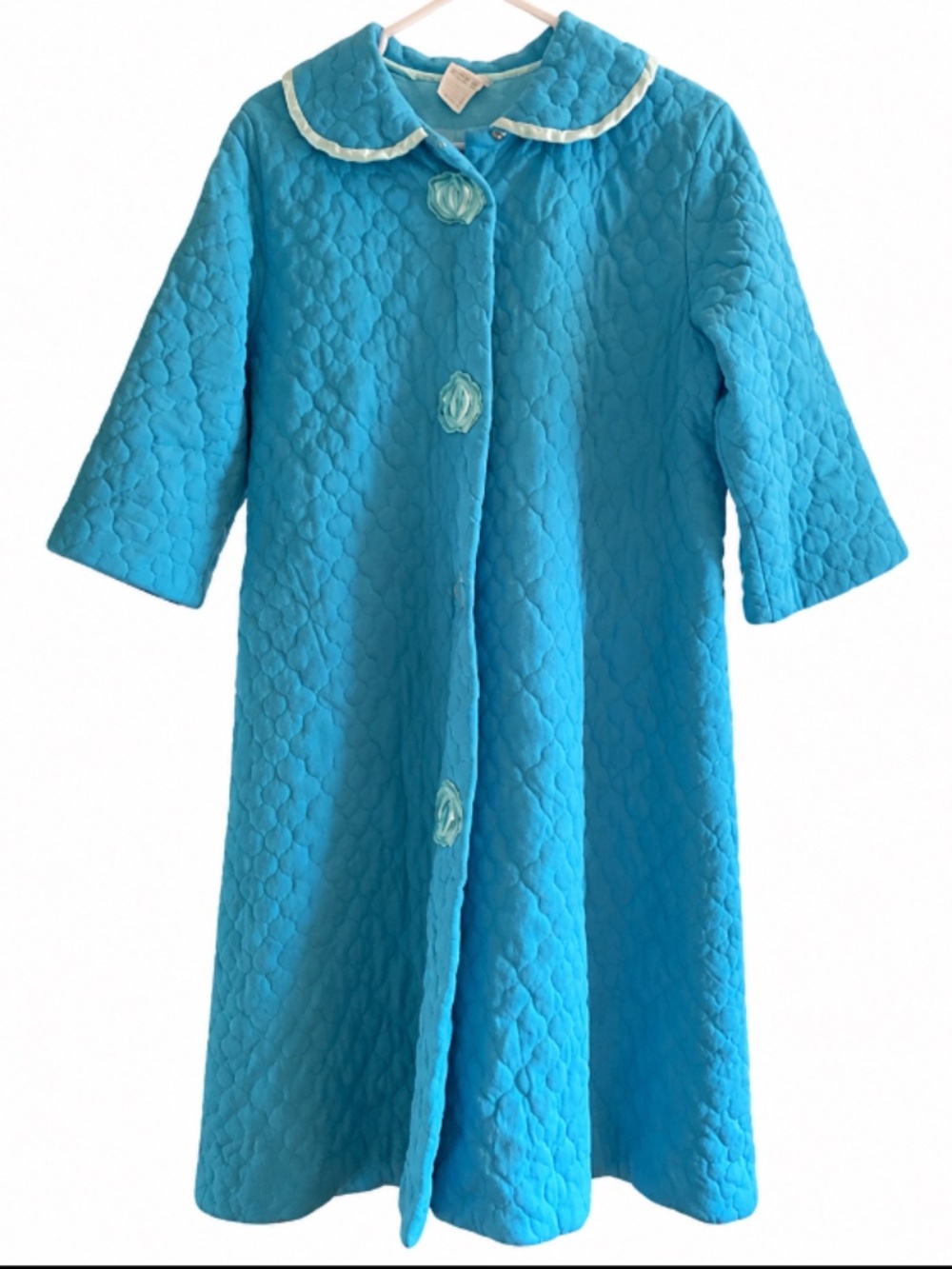 Vintage 50s 60s Turquoise Quilted Housecoat Robe Floral Snap Size 14